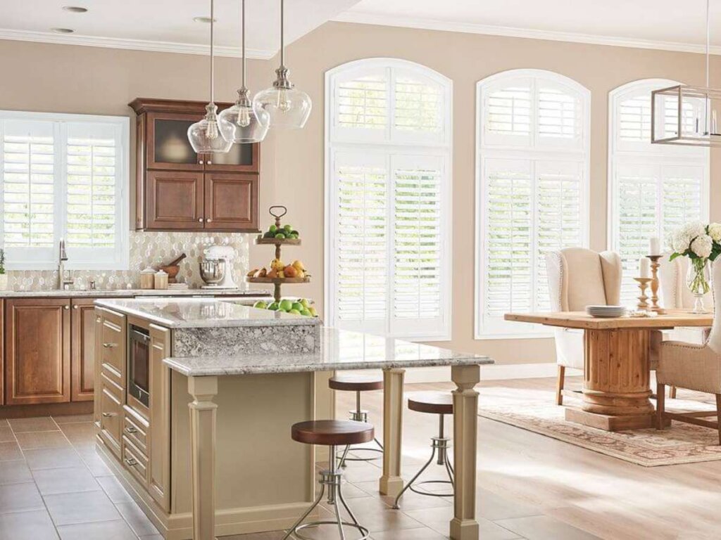 modern interior with stylish plantation shutters, the latest trend in window treatments.