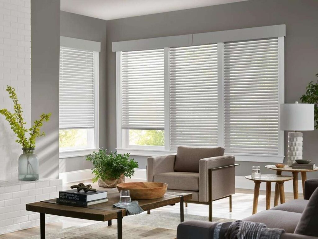 motorized blinds in the living room area