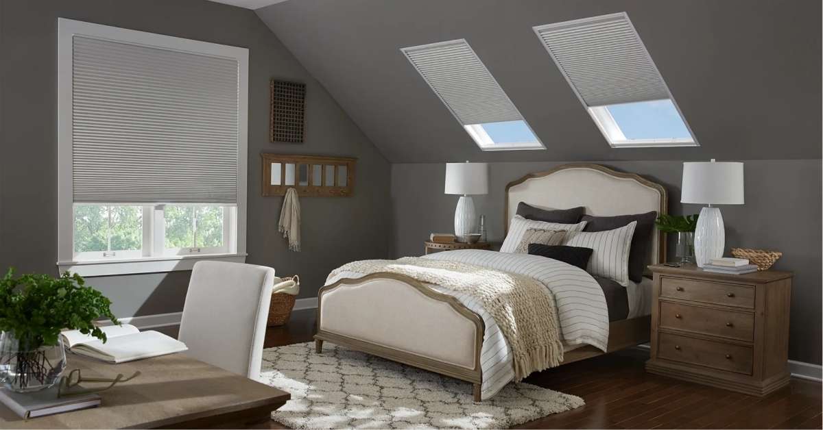 Cellular shades enhancing the ambiance of a sunlit skylight.