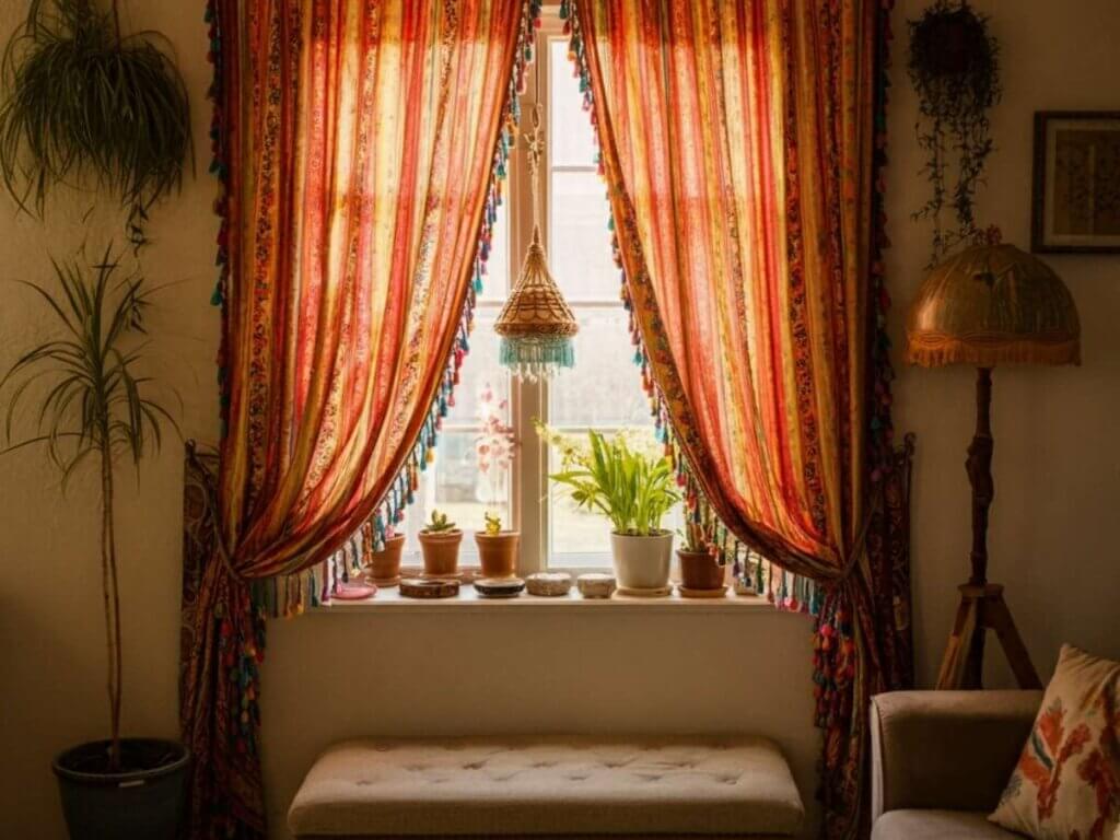 boho drapery in a living room area